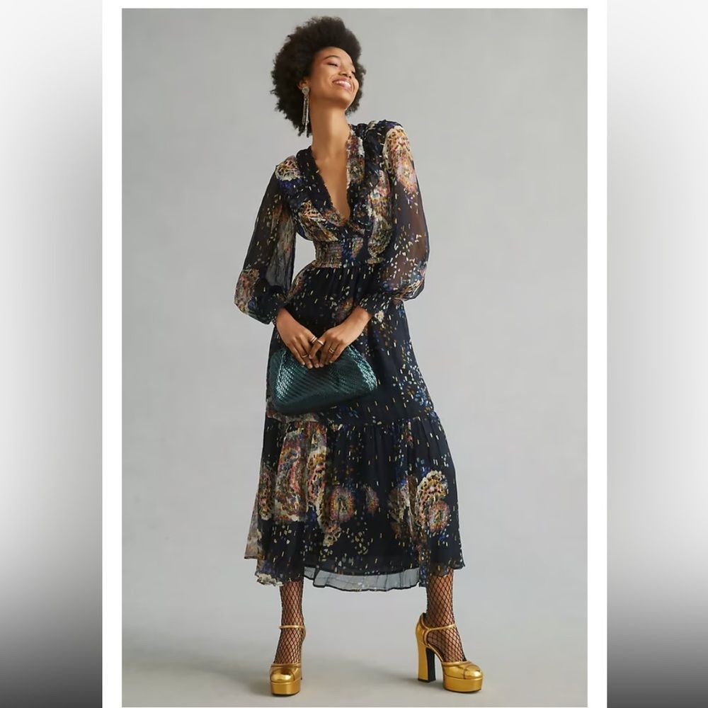 Anthropologie Black and Gold Floral Long Sleeve Dress